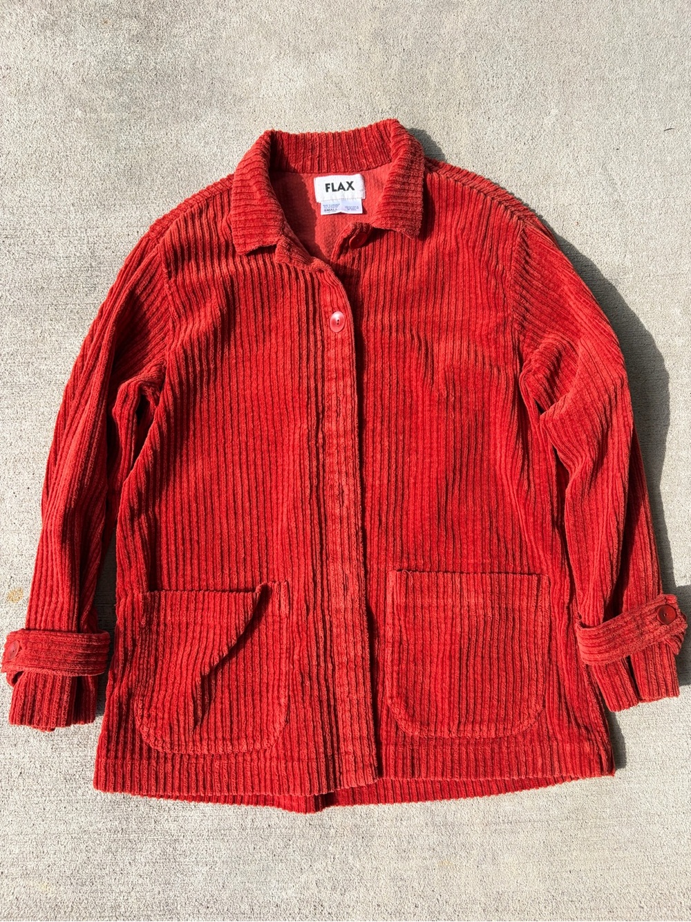 Vintage 90s Flax burnt orange rust corduroy long sleeve button down chore coat
